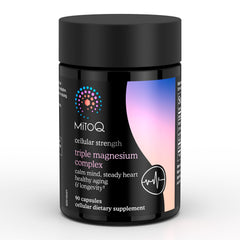 MitoQ Triple Magnesium bottle closeup highlights easy daily dosing
