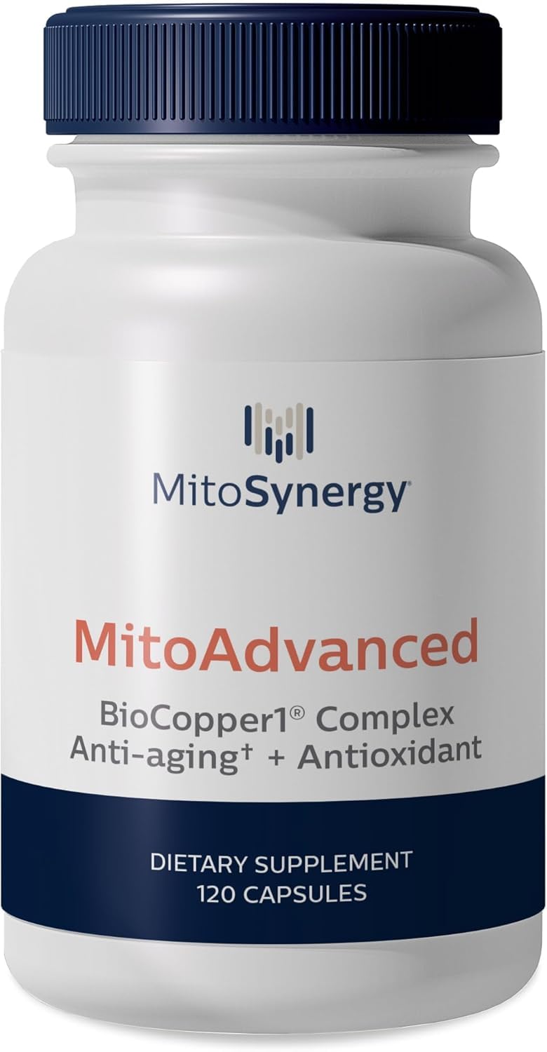 MitoSynergy MitoAdvanced bottle front showcasing BioCopper1 for mitochondrial energy.