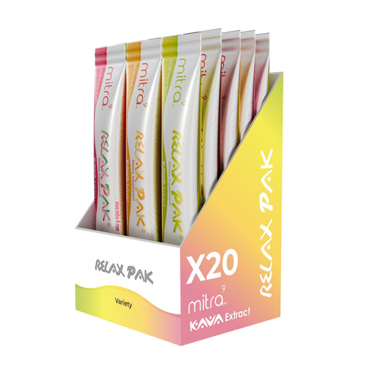 Mitra9 Kava Drink Mix variety pack sticks for on-the-go relaxation.