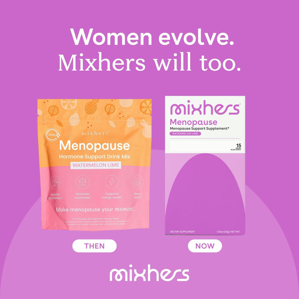 Mixhers Menopause packaging-box highlighting a 15-pack system
