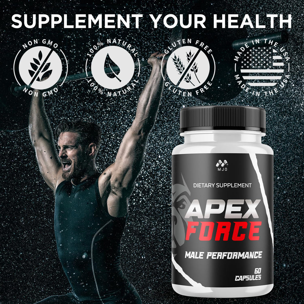 MJO Apex Force Capsules close-up texture emphasizing all natural formula and quality