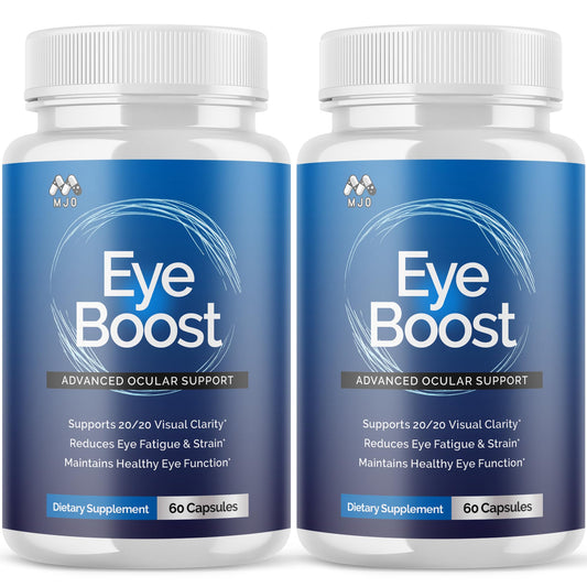 MJO Eye Boost capsules in bottle front view for daily eye wellness support.