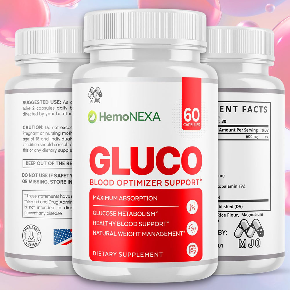 MJO HemoNexa bottle back with ingredients list emphasizing natural components