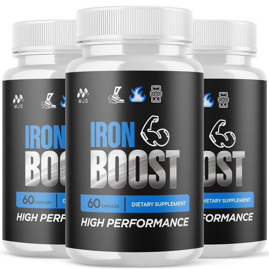 MJO IronBoost capsules bottle front showing natural supplement for active men