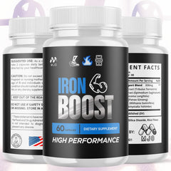 MJO IronBoost bottle label highlights premium ingredients for everyday wellness