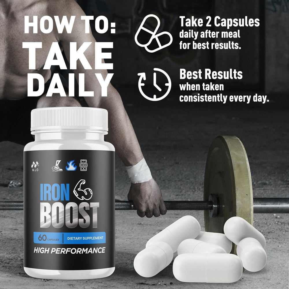 MJO IronBoost capsules close-up showing small coated pills