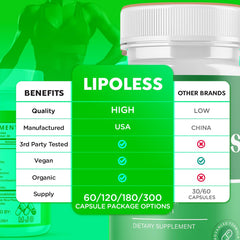 MJO Lipoless capsules closeup shows natural tablets designed for daily use