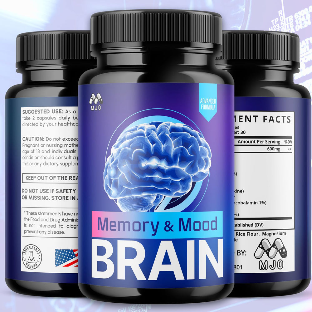 MJO Memory and Mood Brain Capsules bottle close-up highlighting premium all-natural ingredients.