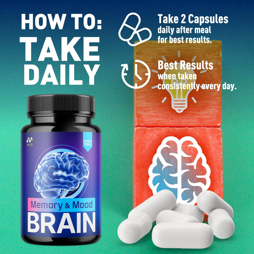 MJO Memory and Mood Brain Capsules label view shows key benefits.