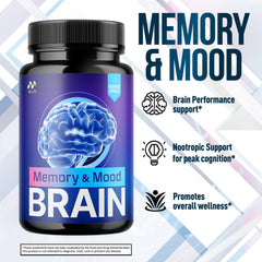 MJO Memory and Mood Brain Capsules tablets arranged on table.