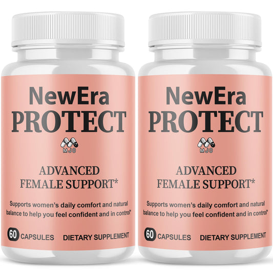 MJO New Era Protect capsules bottle shown, supporting daily wellness with natural ingredients.