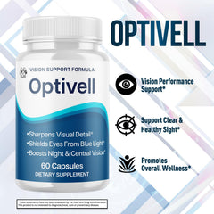 Glass Optivell Eye Capsules bottle on desk for easy routine