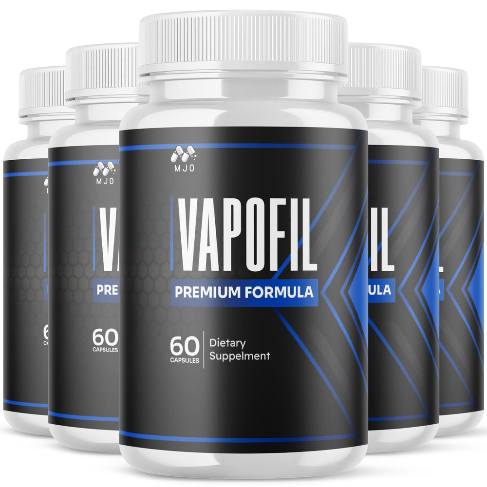 MJO Vapofil capsules bottle front with gluten-free, all-natural formula highlighted.