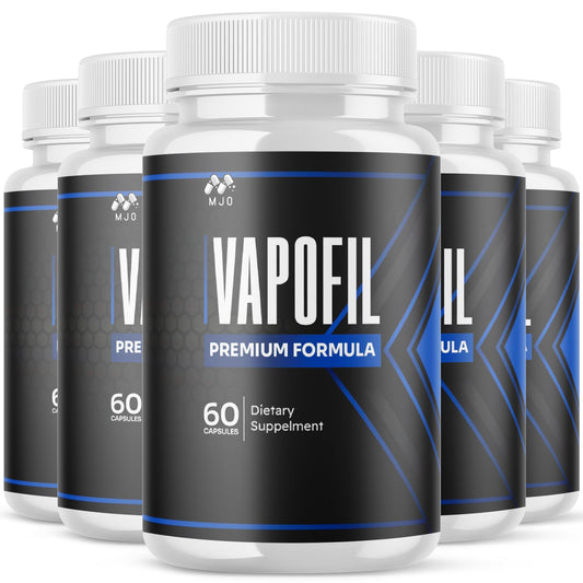 MJO Vapofil capsules bottle front with gluten-free, all-natural formula highlighted.