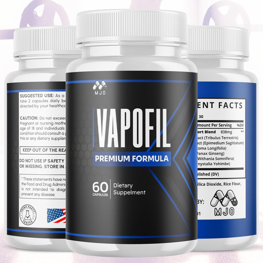 MJO Vapofil capsules bottle side showing label and ingredients.