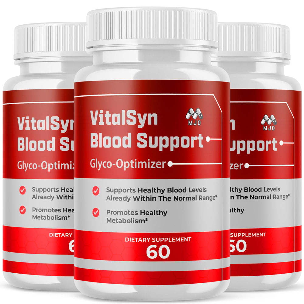 MJO Vitalsyn capsules bottle close-up with natural ingredients label for daily wellness.