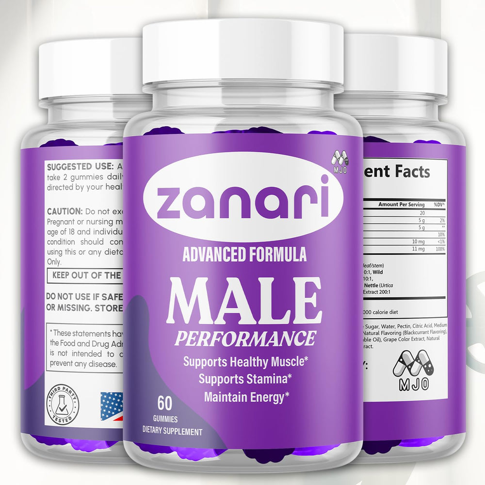 MJO Zanari Gummies bottle back label with nutrition and natural extracts