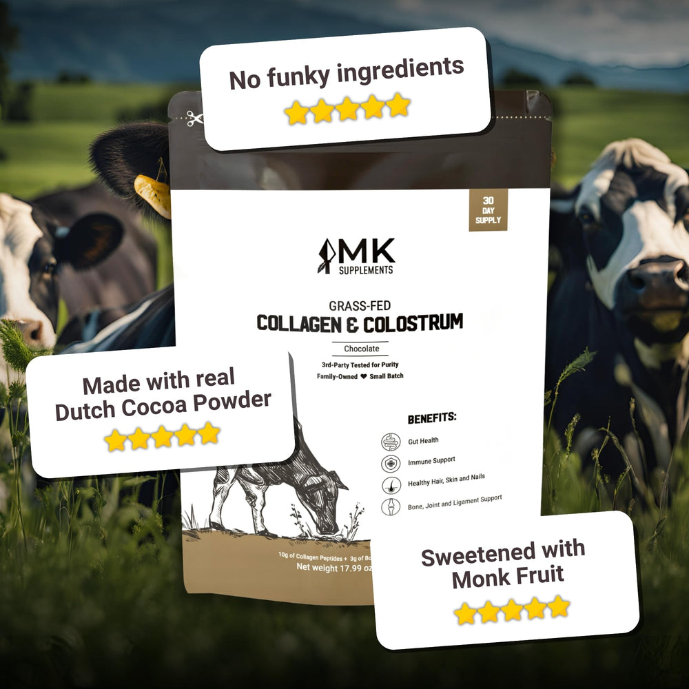 Graphic illustrating MK Supplements Collagen & Colostrum supporting gut health.