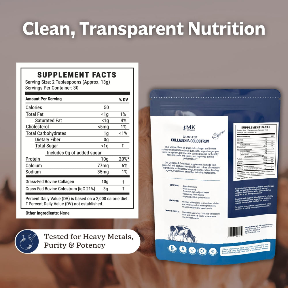 MK Supplements Collagen and Colostrum immune support bottles suggest stronger defenses