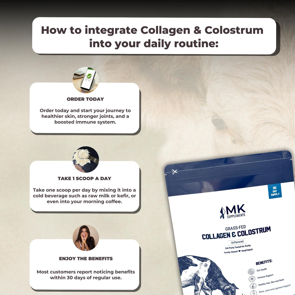 MK Supplements Collagen-Colostrum tub label highlights grass-fed ingredients and clean nutrition