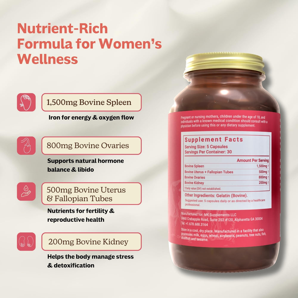 Close-up of MK Supplements Female Vitality capsules, iron-rich beef organ formula for women