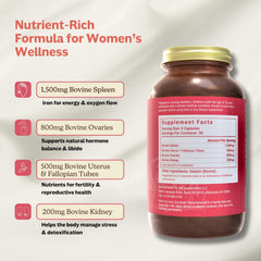 Close-up of MK Supplements Female Vitality capsules, iron-rich beef organ formula for women