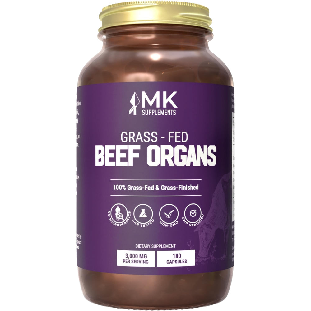 MK Supplements grass-fed beef organ bottle showing a 45-day supply for daily wellness