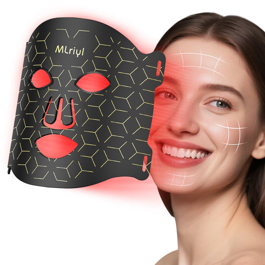 MLriyl red light therapy mask, front view, compact at-home skincare option.