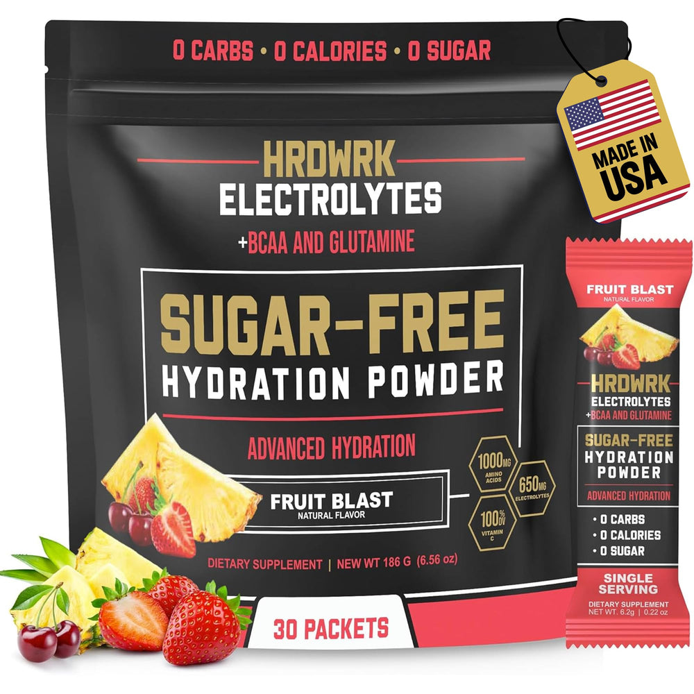 MMA Nutrition HRDWRK electrolytes powder packet in Fruit Blast ready for quick hydration