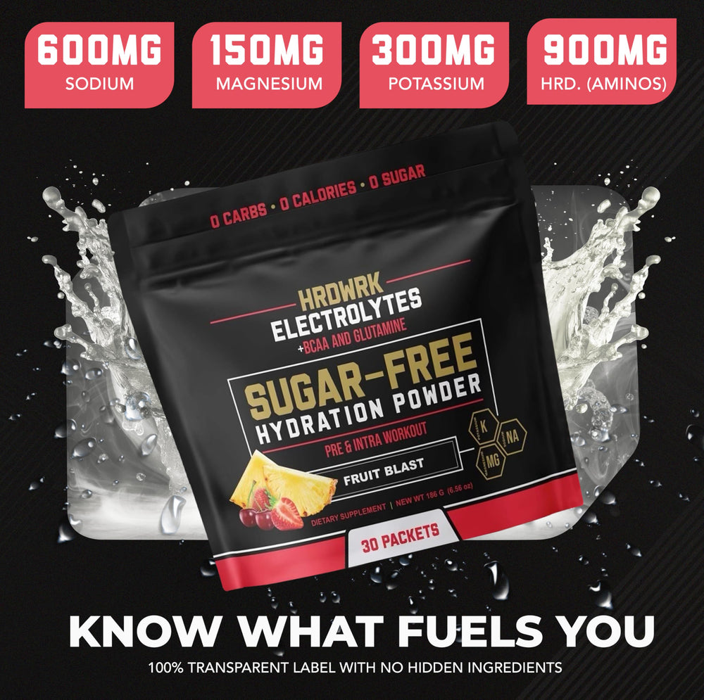 MMA Nutrition HRDWRK electrolytes powder being mixed in water for refreshing flavor