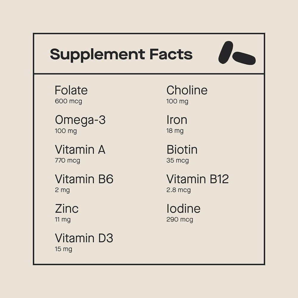 Modern Fertility Prenatal Multivitamin capsules inside bottle for daily use during preconception through lactation
