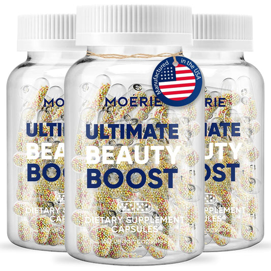 Moerie hair growth supplement bottle shown for daily use and scalp support.
