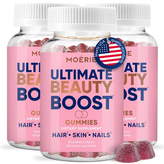 Moerie Hair Skin Nails Gummies bottle front showing a clean allergen-free supplement for daily beauty support.