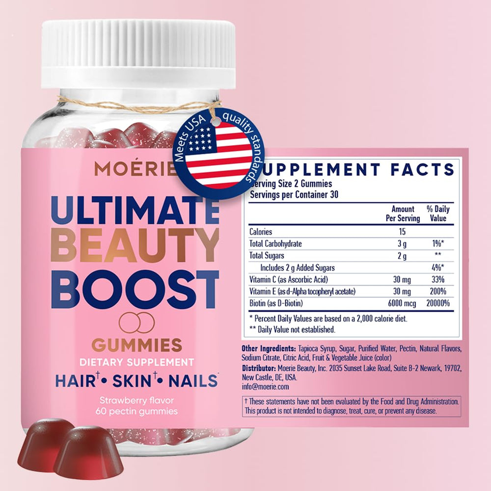 Moerie label closeup shows biotin content and key nutrients for informed use.