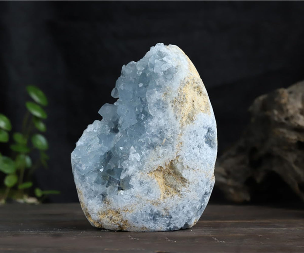 MOGEMT blue celestite geode centerpiece enriches Reiki or energy-work spaces.