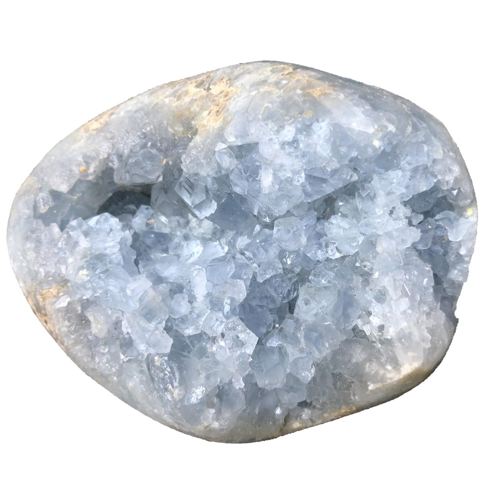 MOGEMT egg-shaped celestite geode highlighting sky blue tones for uplifting desk decor.
