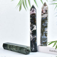 MOGEMT Moss Agate Crystal Tower as home décor promoting calm and concentration.