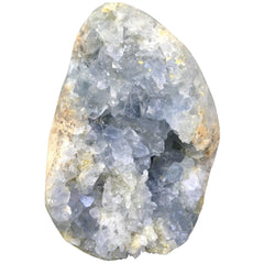 MOGEMT raw blue celestite geode close-up for calming energy in meditation spaces.