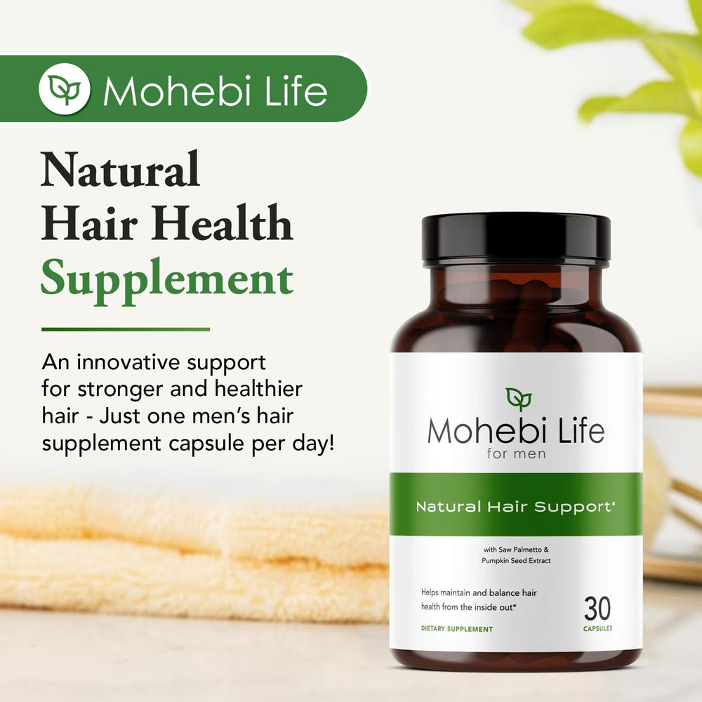 MOHEBI LIFE hair supplement bottle side view
