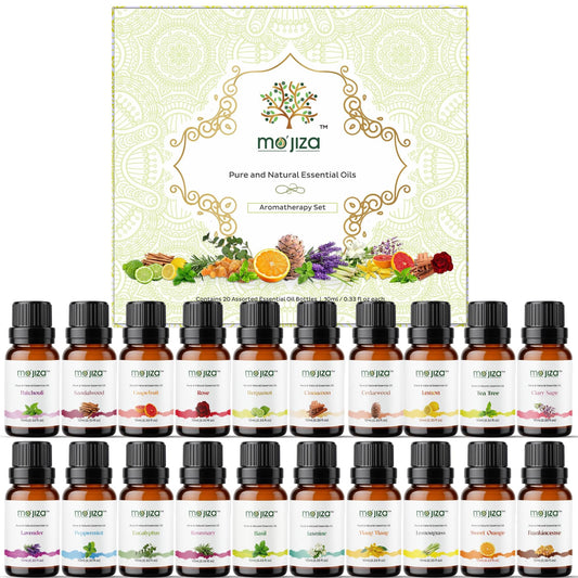 MO'JIZA essential oils gift set with 20 10ml amber bottles for diffusers.