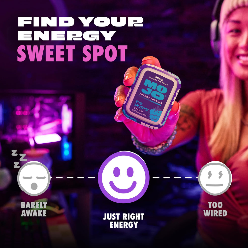 MOJO energy system showing five packs totaling seventy-five pouches.