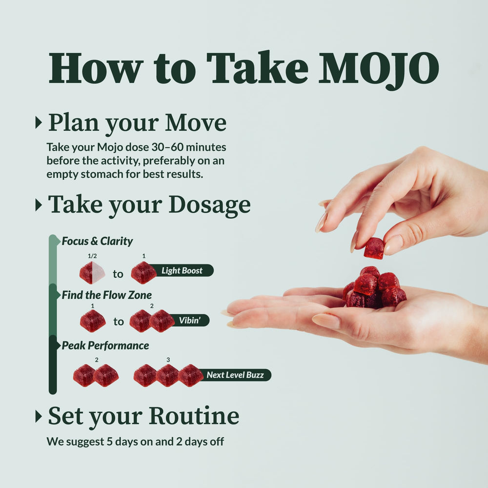Mojo Focus Gummies closeup texture suggests chewy, pleasant mouthfeel for mindful moments