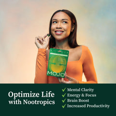 Mojo Focus Gummies foil pack display emphasizes vegan, gluten-free formulation