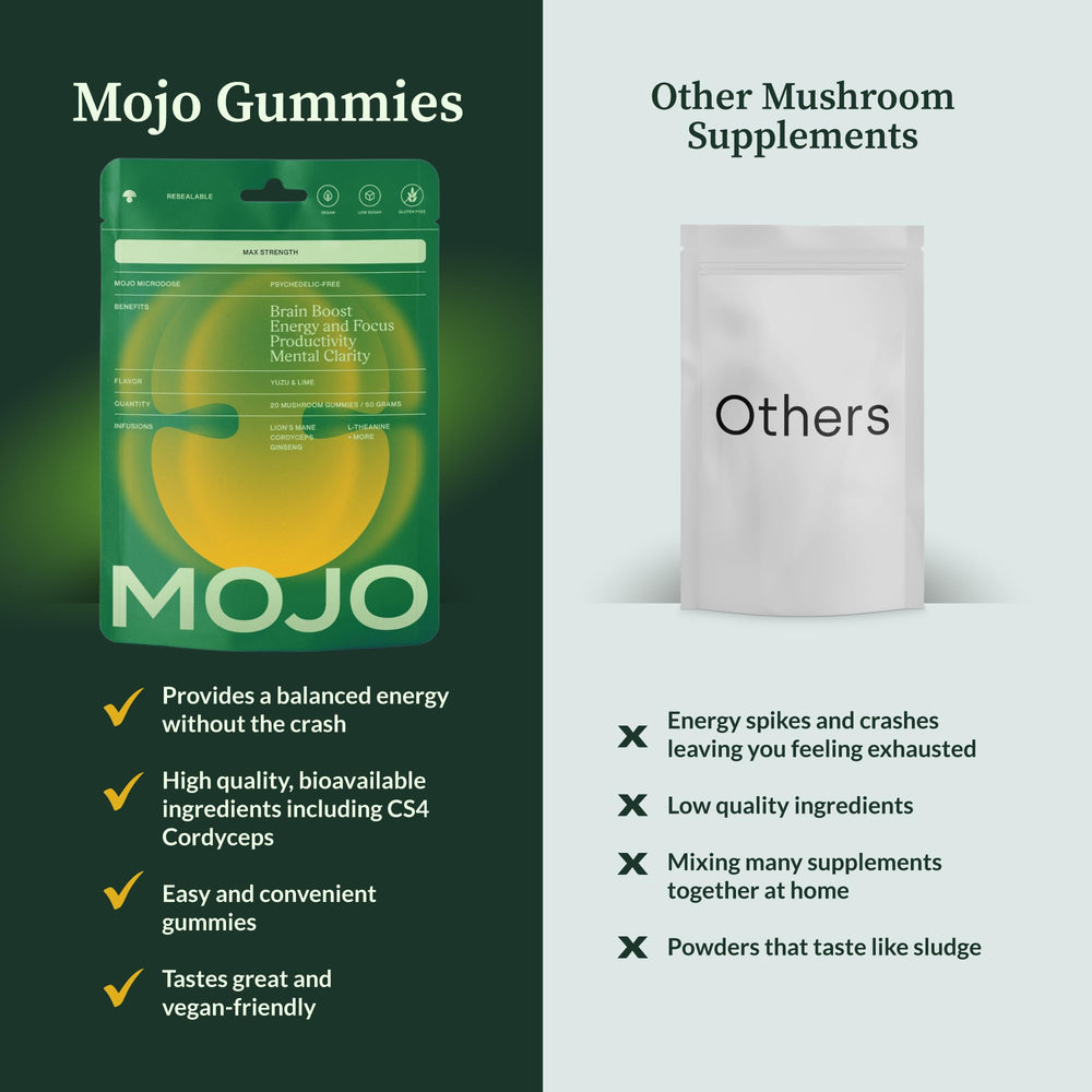 Mojo Lions Mane ingredient visual highlights natural brain-boosting mushrooms supporting clarity.
