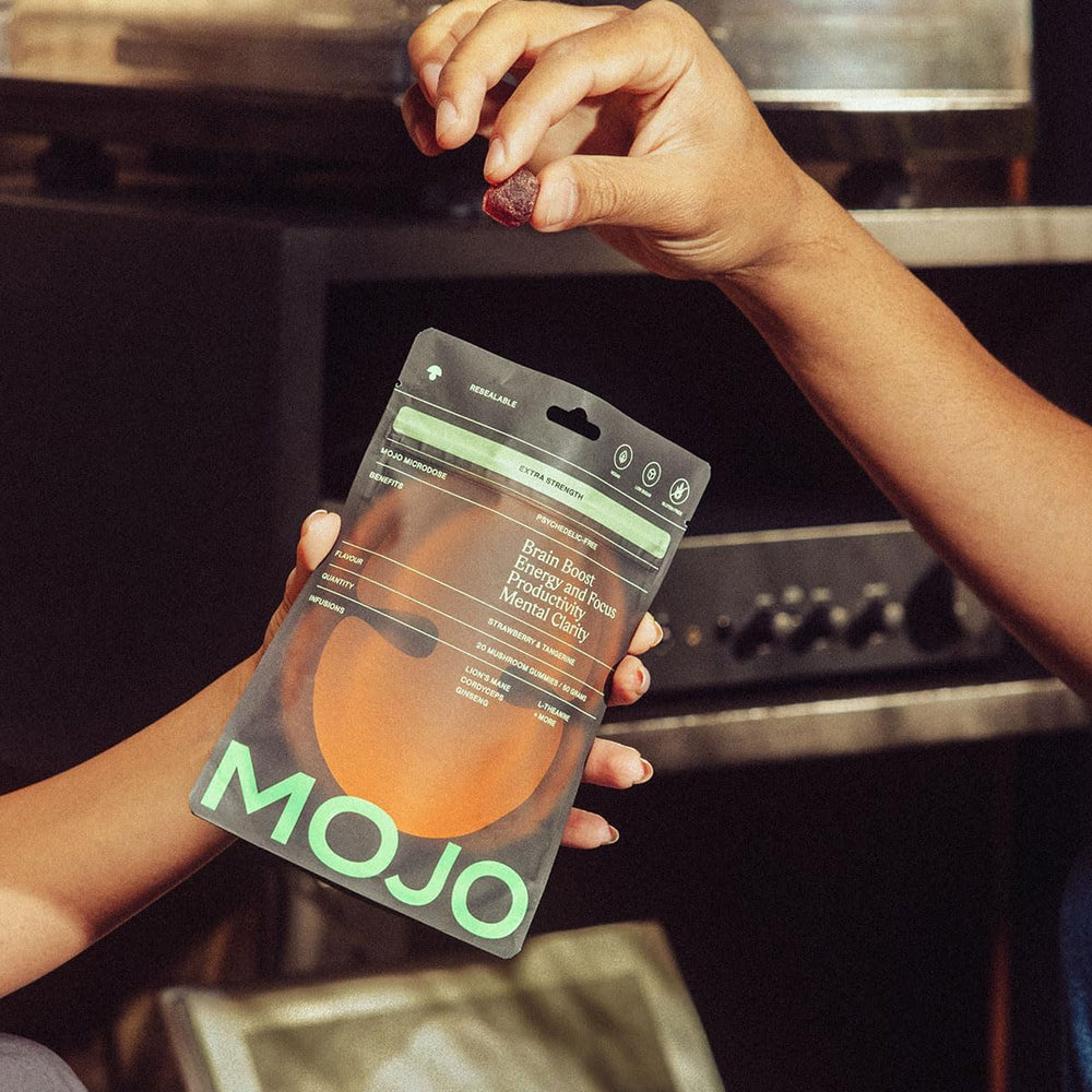 Mojo vegan label on focus gummies signaling clean, plant-based formula