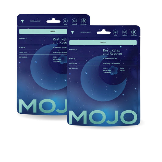Mojo Sleep Gummies bottle close-up highlighting berry flavor and sleep-friendly formula