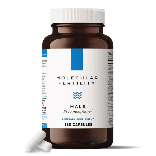 Molecular Fertility bottle with capsules, supporting energy and reproductive wellness for men.