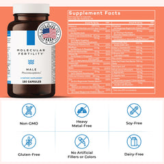 Closeup of capsules from Molecular Fertility, a daily boost for reproductive cell health.
