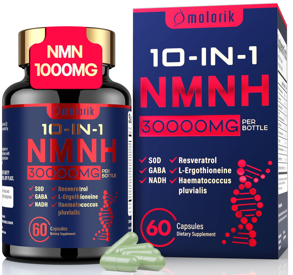molorik pure NMNH bottle front, clear dosage information for daily use and reliability