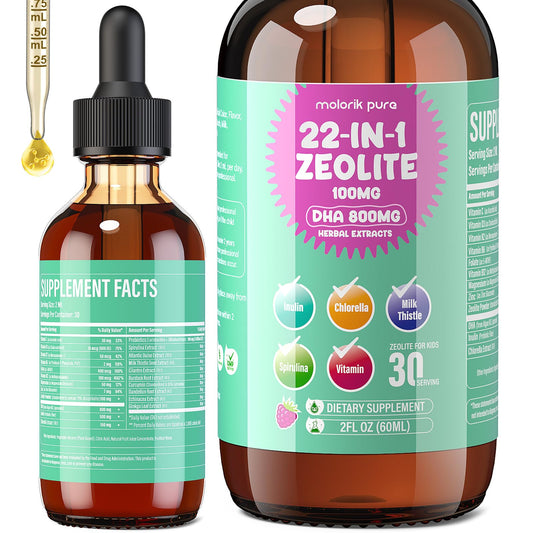 Molorik Pure Zeolite Detox bottle label highlights berry flavor and wellness support.